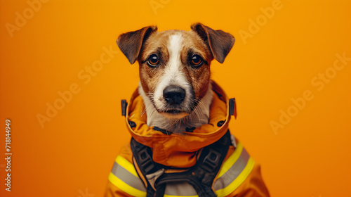 Dog in Firefighter Suit Standing on Orange Background