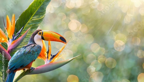 Opalizing pastel tropical jungle background with a toucan bird, strelitzia flower and green leaves. Copyspace, bokeh light. 