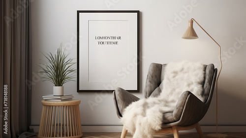 Mockup poster blank frame showcased in a cozy corner with a fur throw and a knit chair