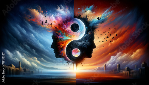 Artwork of surreal human profiles with cosmic and fiery elements forming a yin-yang against a dramatic sky above a serene landscape. Spiritual concept. AI generated.