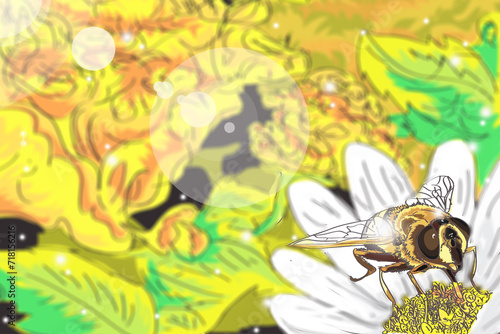 bee taking a polen of a flower, cientific ilustration