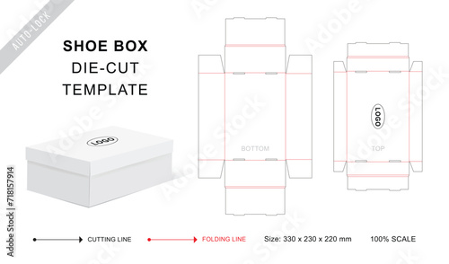 Shoe box die cut template with 3D blank vector mockup