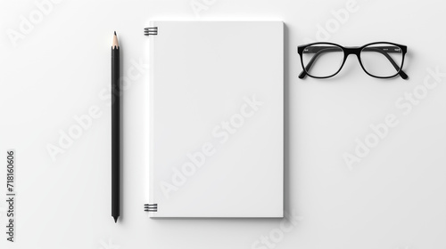 Bloc notes papier et crayons sur fond blanc. Espace vide de composition. Bureau, travail, fourniture. Pour conception et création graphique.
