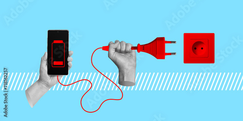 Charging phone. Hhand holds smartphone with low battery icon on screen and hand with electric plug and socket. Minimalist art collage