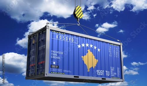 Freight shipping container with national flag of Kosovo hanging on crane hook - 3D illustration
