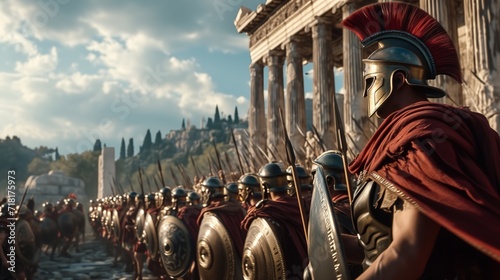 Ancient Greek Warriors in Formation Near the Parthenon