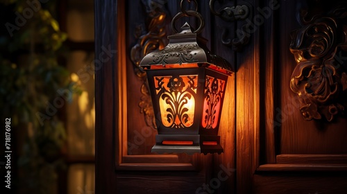 Glowing Lantern by Ornate Wooden Door