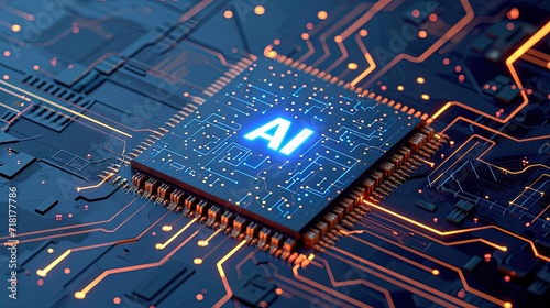 Computer microchip CPU on motherboard circuitry with "AI" text on it for Artificial Intelligence and Machine Learning purposes