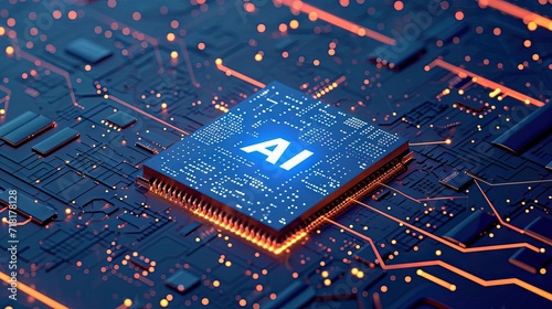 Computer microchip CPU on motherboard circuitry with "AI" text on it for Artificial Intelligence and Machine Learning purposes