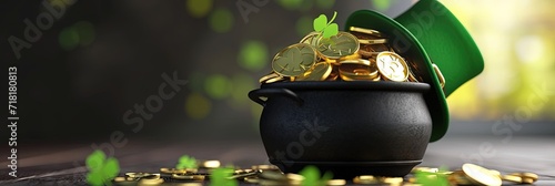pot of gold coins and shamrocks with a leprechaun hat
