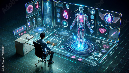 Futuristic medical holographic display shows human body analysis as a doctor interacts with advanced healthcare diagnostic system. Futuristic medicine concept. AI generated.