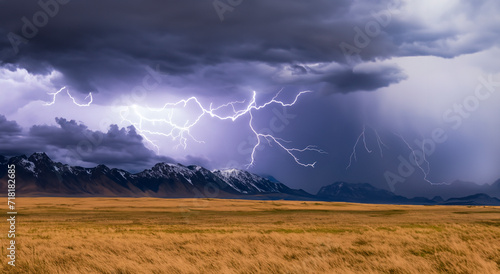 Thunderstorm over a landscape of mountains and grassland. Patagonia in Chile, South America.