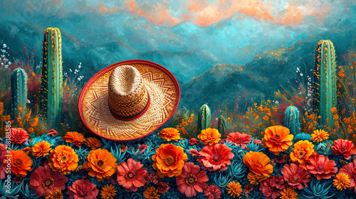 Mexican cactus sombrero hat and Cinco de Mayo colorful text space background