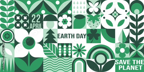 Happy Earth Day geometric seamless pattern in green palette. April 22. Holiday concept. Mosaic vector background, banner, poster with plants, flowers, birds and simple forms. Neo geo art. Swiss style.