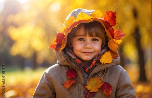 Child with autumn leaves, autumn natural background