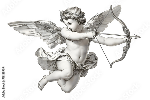 Cupid flying overhead shooting his arrow vintage illustration isolated on white background