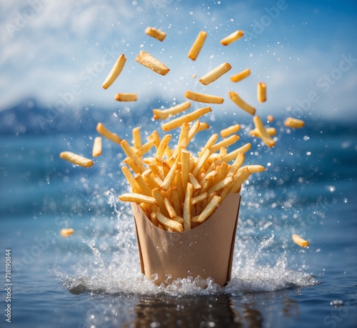 Falling french fries in paper box on the background of the sea