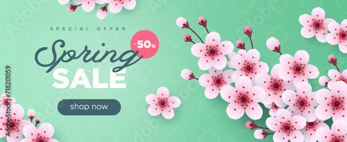 Spring sale long green banner with cherry blossom