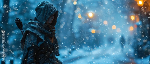 Arctic Huntress Elegance, Beautiful Female Archer in the Snow, generative ai