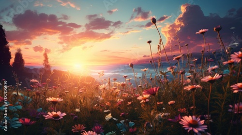  a field of wildflowers with the sun setting over the water in the backgroud of a mountain range 
