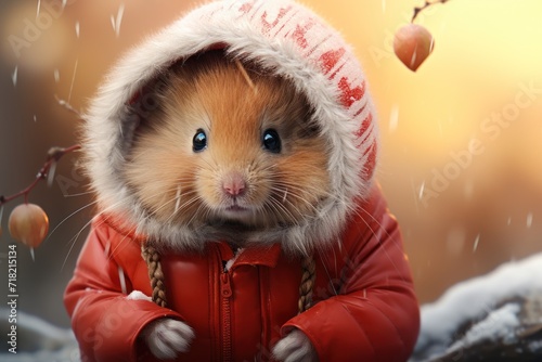  a brown and white hamster wearing a red jacket and a white hat with a red and white pom pom on it's head, standing in the snow.