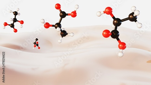 3d rendering of lactic acid molecules and milk. Milk contains some of the highest levels of lactic acid, with condensed milk and evaporated milk having higher levels.