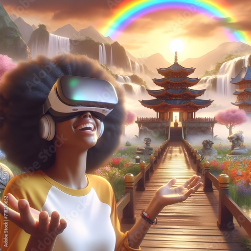 A happy black women wearing a VR headset in a Shangri-La with a rainbow, digital art