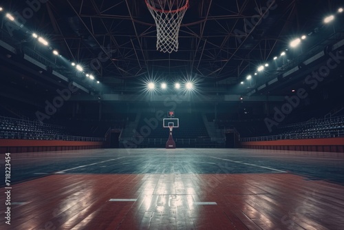 A basketball effortlessly glides through the hoop on a well-maintained basketball court. This image can be used to depict the excitement and skill involved in the game of basketball