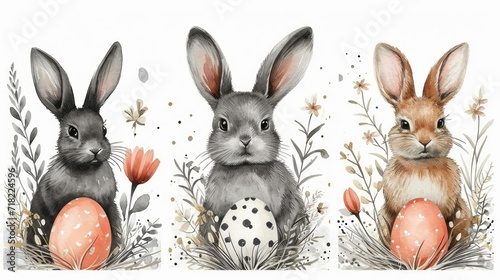 Cute Easter Postcards Set with Handmade Watercolor Rabbit and Eggs on a Black and White Background - AI Generated