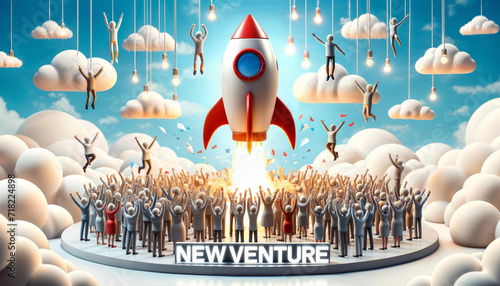 Rocket launching from a platform filled with cheering diverse figures. NEW VENTURE representing a startup taking off with great enthusiasm and support.