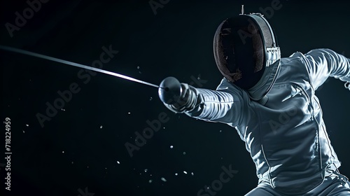 Focused fencer in action during a competitive match, epee touching target