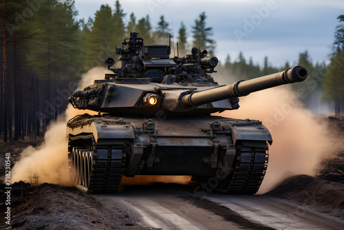 Modern tank on the battlefield, armed with a huge cannon