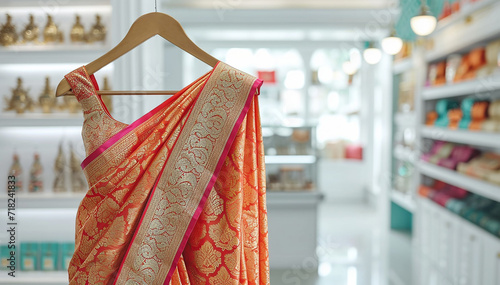 Saree Indian dress in white luxury boutique background. Indian attire in fashion store. Festive outfit. Beautiful Bollywood clothing. Stylish orange party dress. Handloom saree salon. Banner