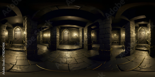 Full 360 degrees seamless spherical panorama HDRI equirectangular projection of Dark Old Vaulted Catacomb Dungeon. Texture environment map for lighting and reflection source rendering 3d scenes.