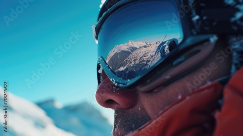 A man wearing ski goggles and a red jacket. Ideal for winter sports or outdoor activities