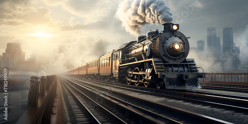 train, Vintage steam train and the track at the railway station, Black locomotive with dark smoke carries polar express train, Classic steam locomotive train engine on track Generative AI