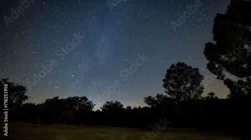 Starry Night Sky over Tranquil Countryside Landscape