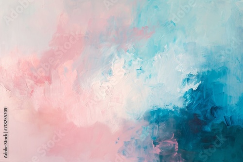 Abstract Painting With Soft Pink And Calming Sky Blue Hues. Сoncept Bold And Vibrant Landscapes, Serene Watercolor Seascapes, Expressive Floral Still Life, Whimsical Abstract Animals