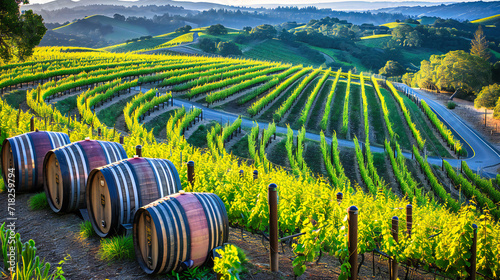 Scenic Vineyard Landscape in Rural Hills, Symbol of Agriculture and Wine Production