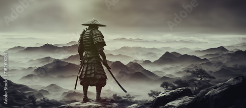 antico guerriero samurai che dalla cima di un monte osserva una vallata nebbiosa