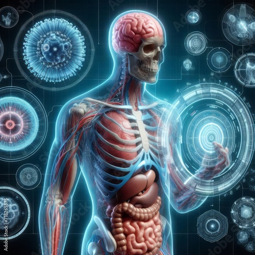 3D intricate illustration of the human body with muscles and organs, integrated with futuristic tech graphics