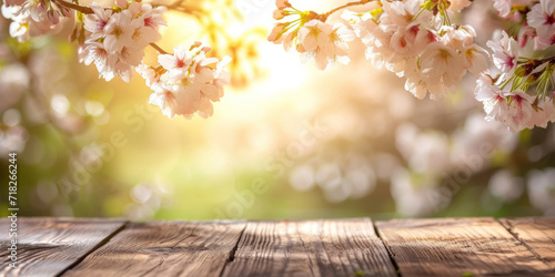 Spring background with white pink blossom and brown wooden table, light blurred background, soft light