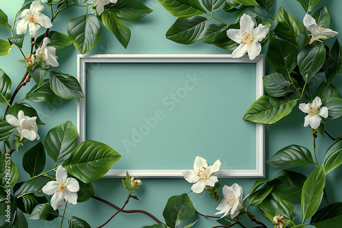 Photo frame surrounded by white gardenia flowers and lush green leaves on a pastel green background. Springtime and nature concept. Floral mockup for design and print with copy space. 