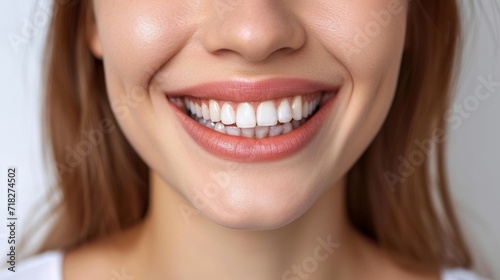 Close up of smiling young woman with healthy teeth. Dental care concept
