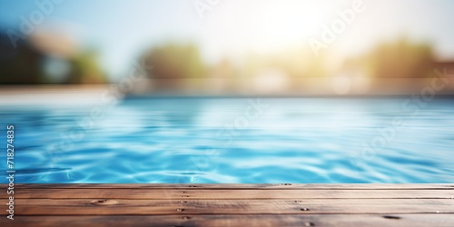 Blurred swimming pool background behind empty wooden table.