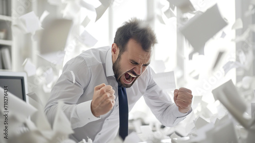 An angry man in the office surrounded by flying papers