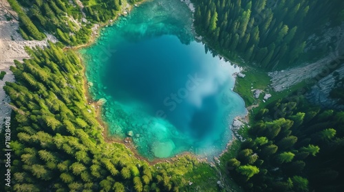 Aerial View of Dolomites Lake and Alps Peak in Misurina, Italy Generative AI