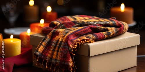 Candles and a plaid throw add warmth to a scene of boxed gifts, suggesting festive generosity