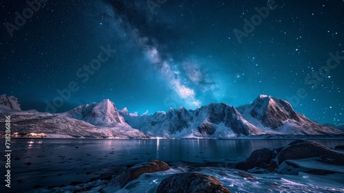 Frozen Sea Coast and Snow Covered Mountains in Winter at Night in Lofoten Islands, Norway Generative AI