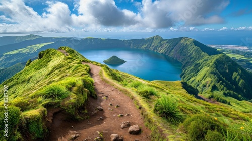 Scenic Hiking Trail with Beautiful Lakes in Ponta Delgada, Azores, Portugal Generative AI